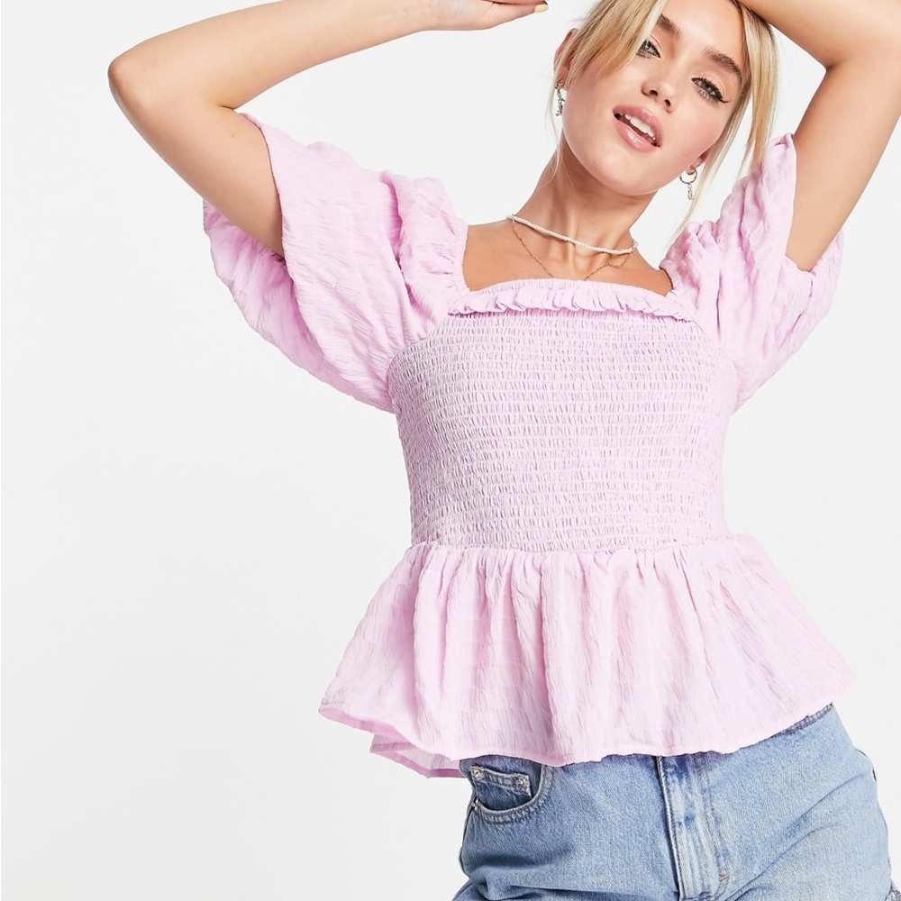 New Look Pink Smocked Puff Sleeve Milkmaid Ruffle Top UK 12 US M/L